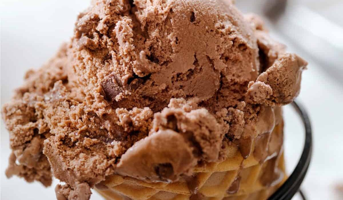 Close up image of a Brownie Ice Cream Waffle Cone