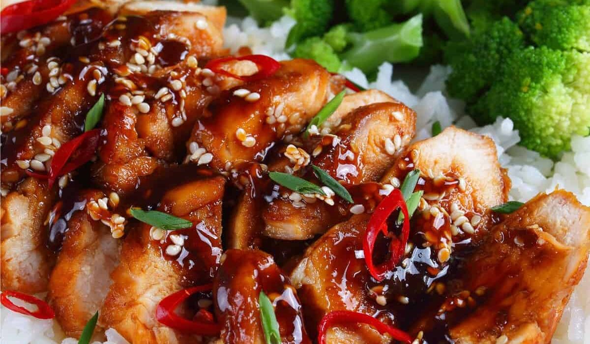 Grilled Teriyaki Chicken on a bed of rice with broccoli