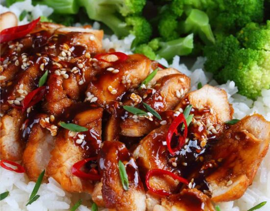 Grilled Teriyaki Chicken on a bed of rice with broccoli