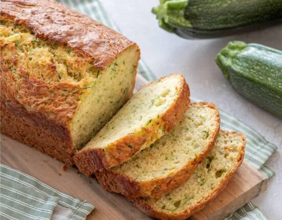 Overhead image of sliced Lemon Zucchini Bread
