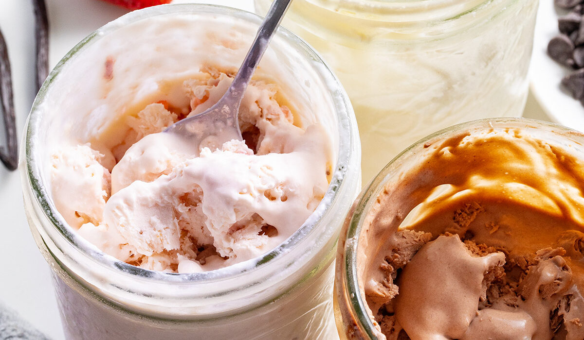 Mason jar ice cream in 3 flavors.