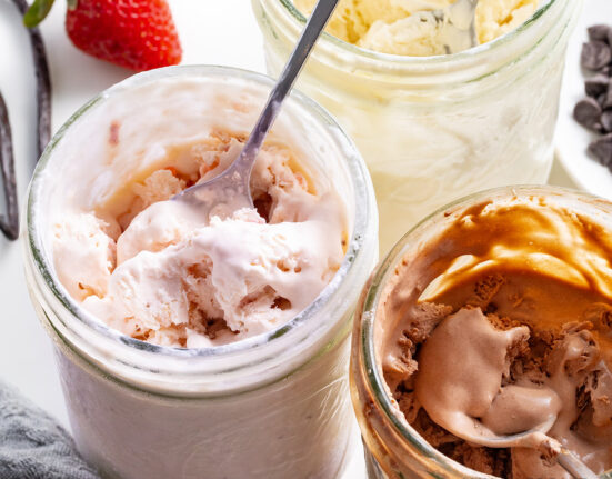 Mason jar ice cream in 3 flavors.