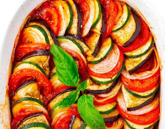 Ratatouille recipe in a baking dish.