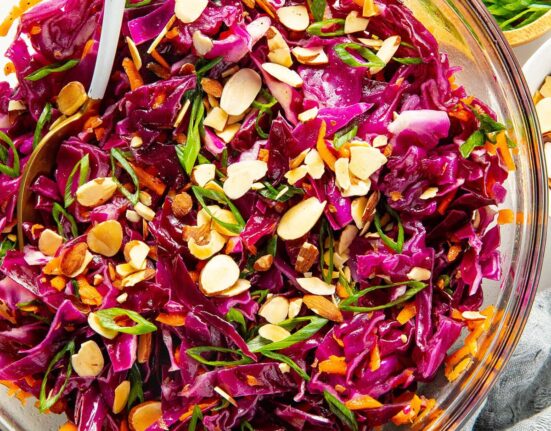 Red cabbage salad in a bowl.