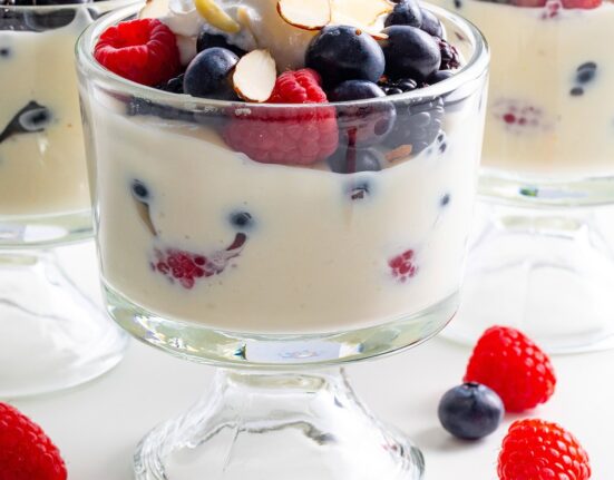 Ricotta dessert in a glass dish.