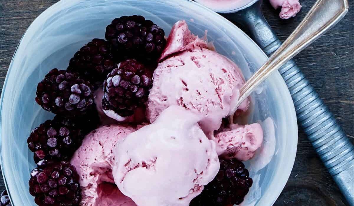 Overhead image of Blackberry Ice Cream in a blue bowl with extra berries