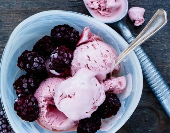 Overhead image of Blackberry Ice Cream in a blue bowl with extra berries