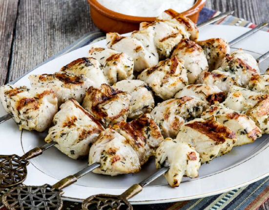 square image of Chicken Souvlaki on serving platter
