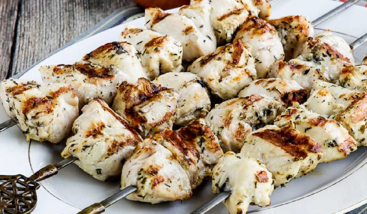 square image of Chicken Souvlaki on serving platter