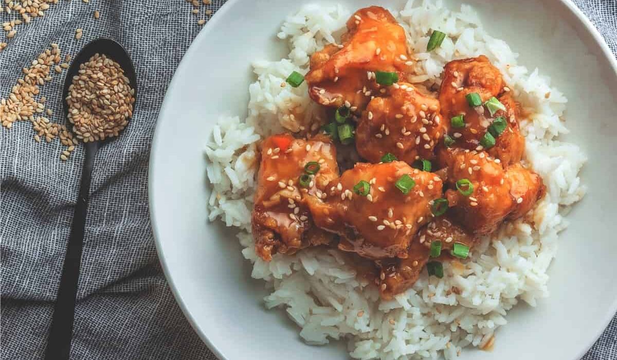 Overhead image of Sweet Chili Chicken on awhite plate with rice