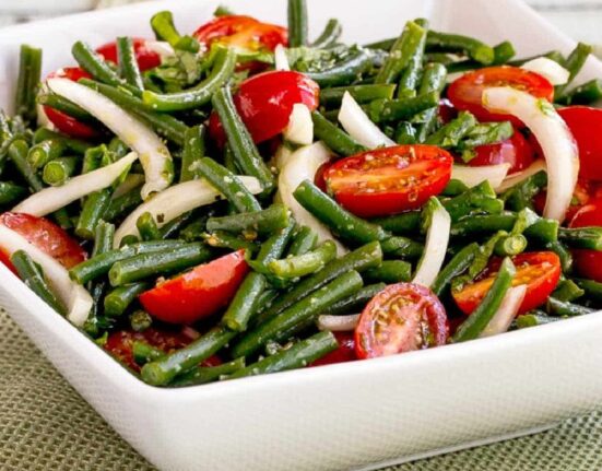 square image of Green Bean Tomato Salad in serving bowl