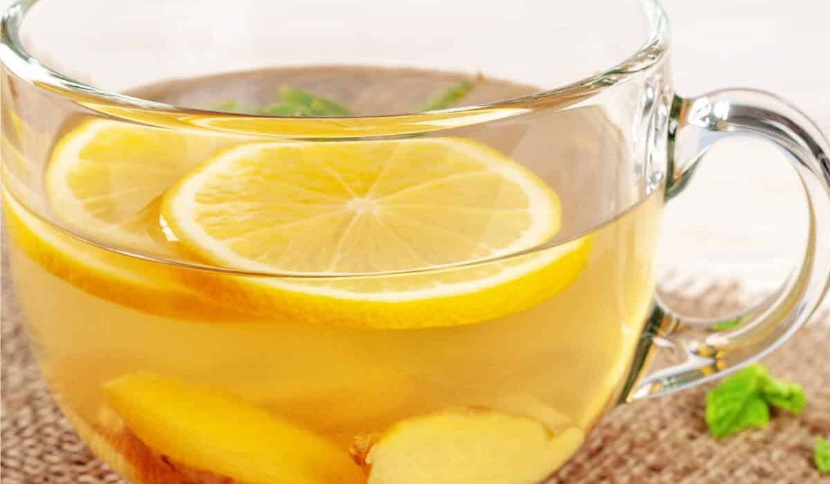 A glass mug of Lemon Ginger Tea