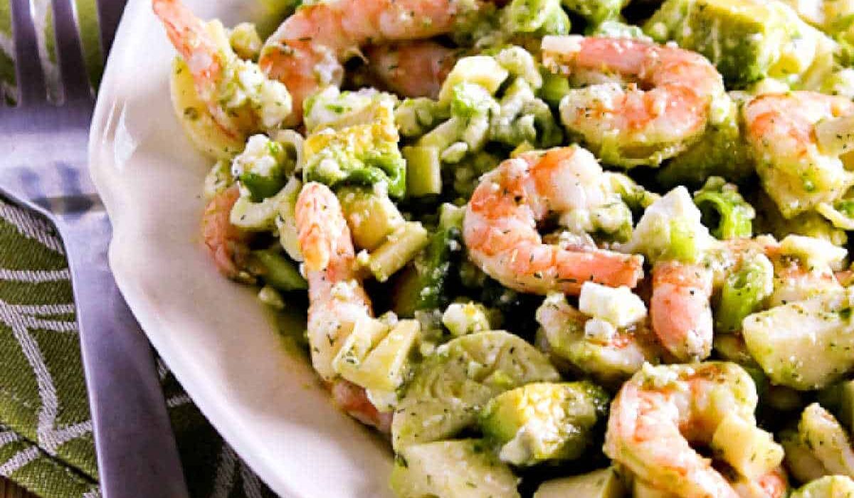 square image of lemony shrimp salad in serving bowl