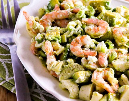 square image of lemony shrimp salad in serving bowl
