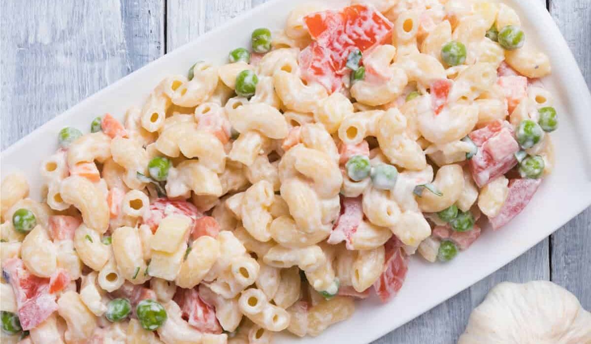Overhead image of Macaroni Salad on a white platter