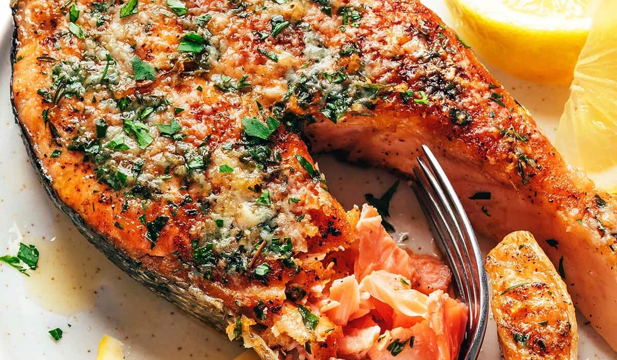 Salmon steak on a plate.