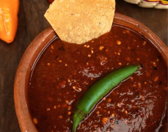 Overhead image of Salsa Roja in a brown bowl