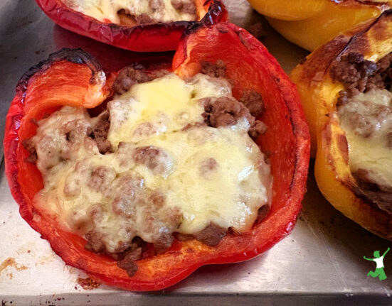 spicy stuffed bell peppers in baking pan