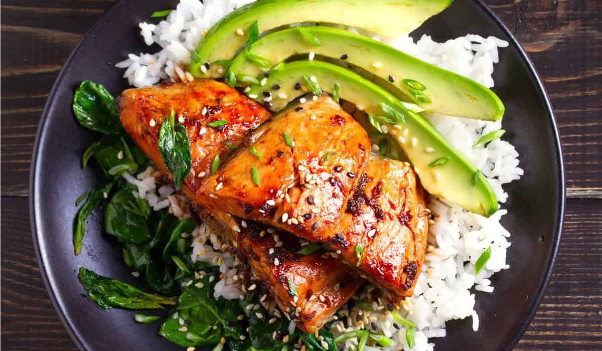 Overhead image of Sweet Chili Salmon on a a dark plate