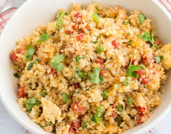 Overhead image of Cauliflower Fried Rice in a white bowl