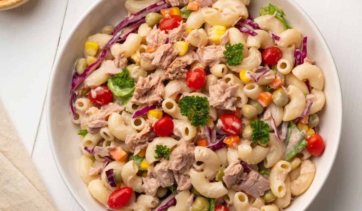 Overhead image of Tuna Macaroni Salad in a white bowl