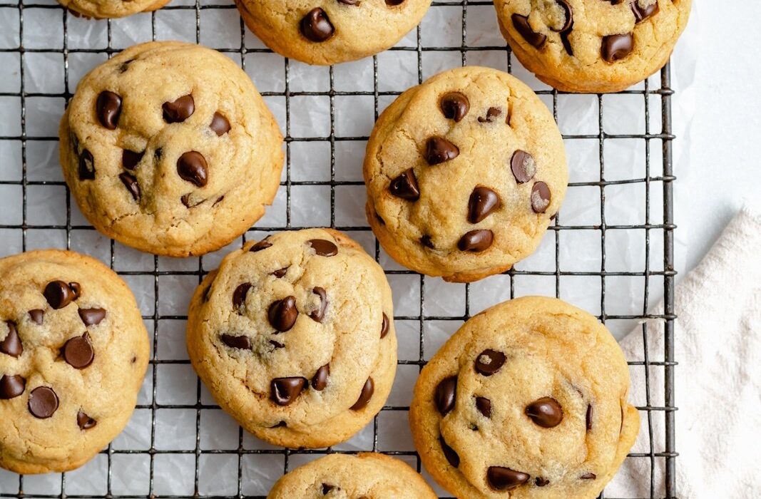 chickpea flour chocolate chip cookies on a wire rack