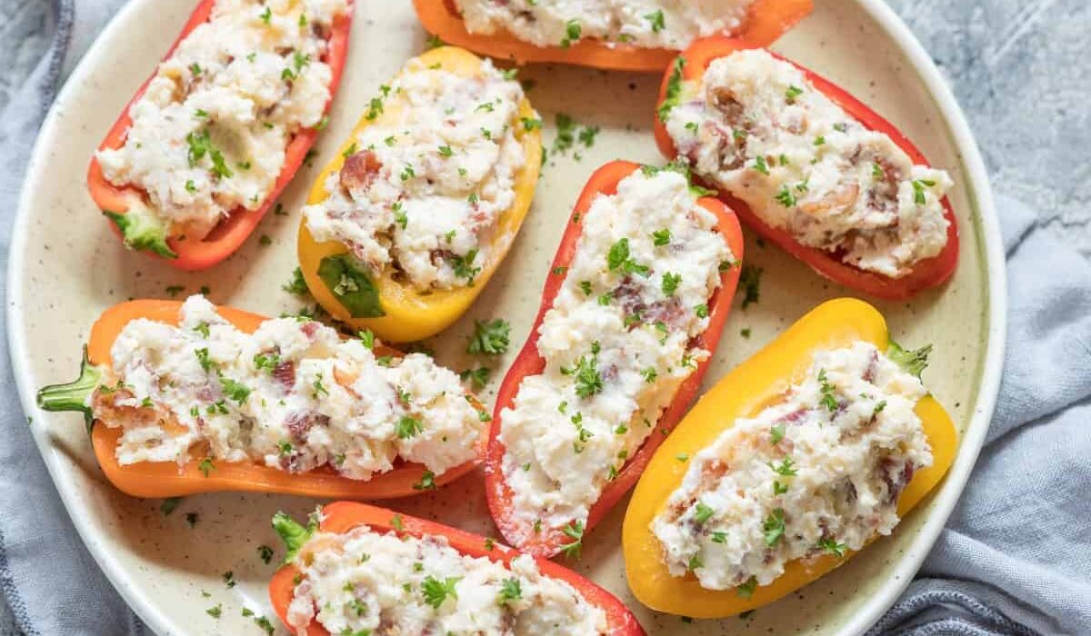 Overhead image of Stuffed Mini Peppers on a white plate
