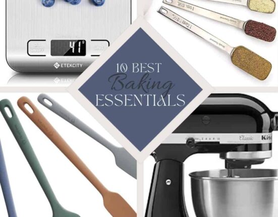 A 4 Part grid of the best baking essentials with a text overlay