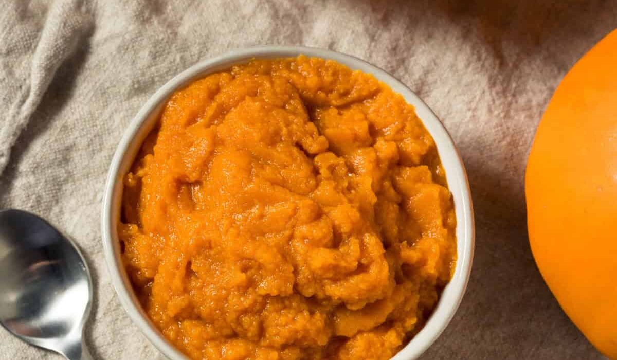 Overhead image of Pumpkin Puree in a white bowl next to pumpkins