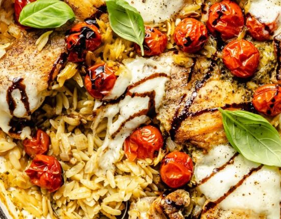 One Pan Chicken Caprese Orzo Bake