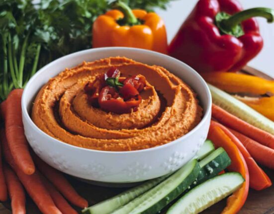 Roasted Red Pepper Hummus in a bowl with assorted veggies surrouding it