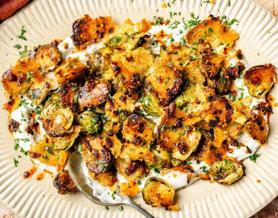 Spicy Parmesan Roasted Brussels Sprouts (with creamy yogurt sauce)