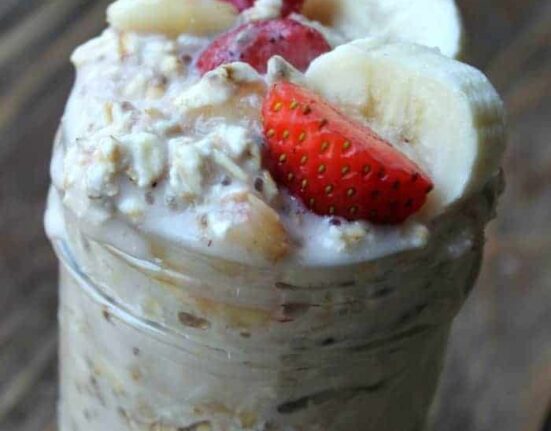close up picture of strawberry overnight oats with banana