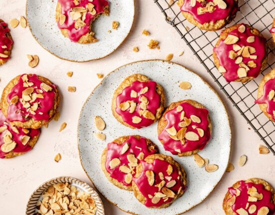 Chewy Almond Oatmeal Cookies with Tart Cherry Icing