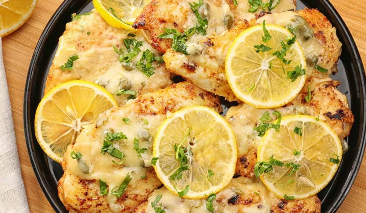 Overhaed image of Chicken Piccata on a black plate