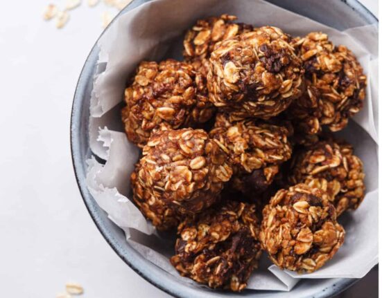 Overhead image of chocolate balls in a bowl with parchment paper