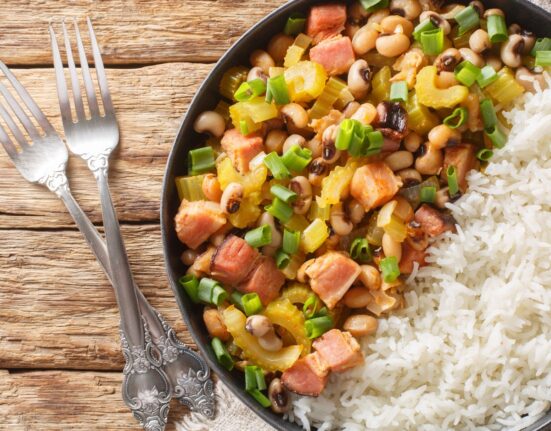 Overhead image of Hoppin John with rice in a dish