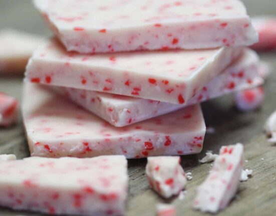 Peppermint Fudge cut into squares and stacked