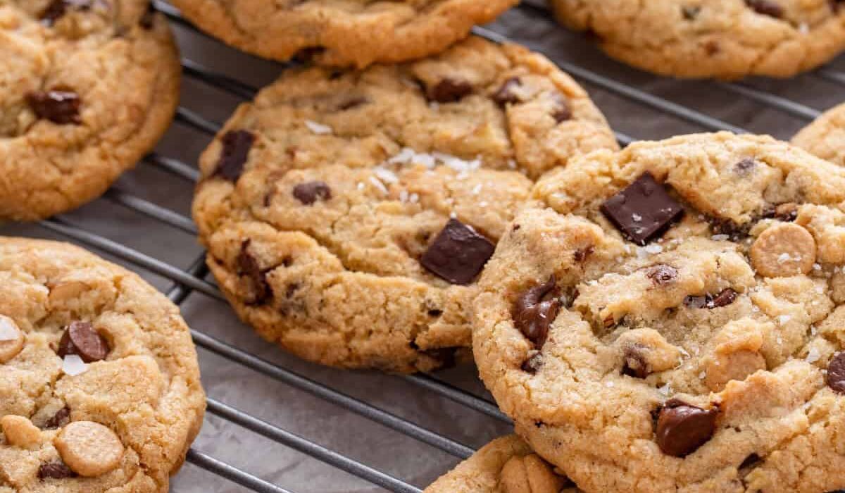 Salted Caramel Chocolate Chip Cookies on a cooling rack