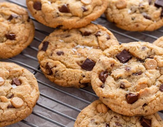 Salted Caramel Chocolate Chip Cookies on a cooling rack