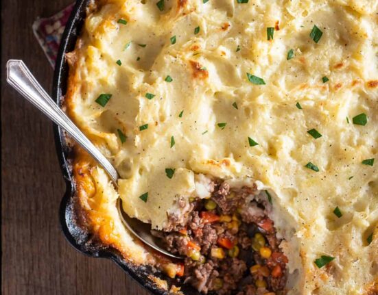 Overhead image of a shepherds pie in a skillet