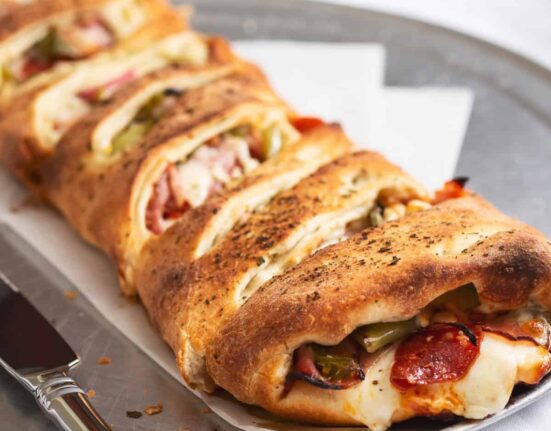 Close up image of stromboli on a plate