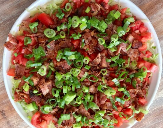 Overhead image of blt dip in a white bowl