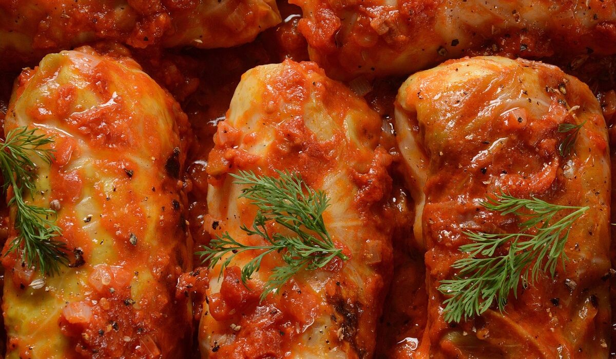 Overhead image of cabbage rolls