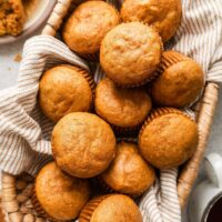 Overhead view of a basket filled with freshly baked Sweet Potato Muffins..
