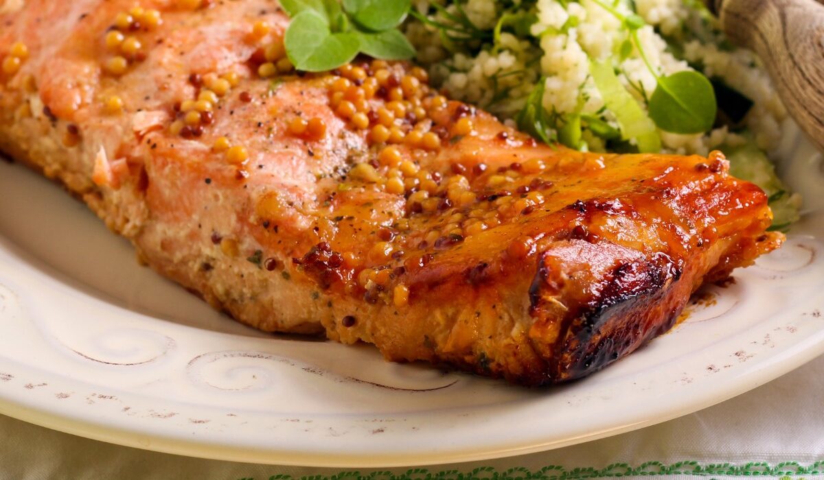 Hot Honey Salmon on a plate with veggies