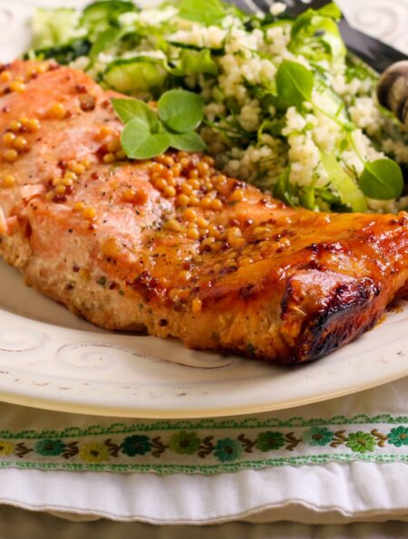 Hot Honey Salmon on a plate with veggies