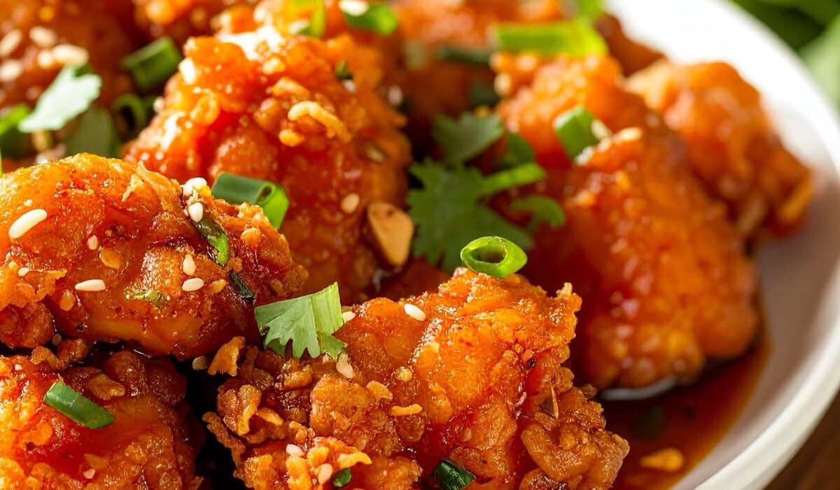 Keto Orange Chicken on a white plate with garnish