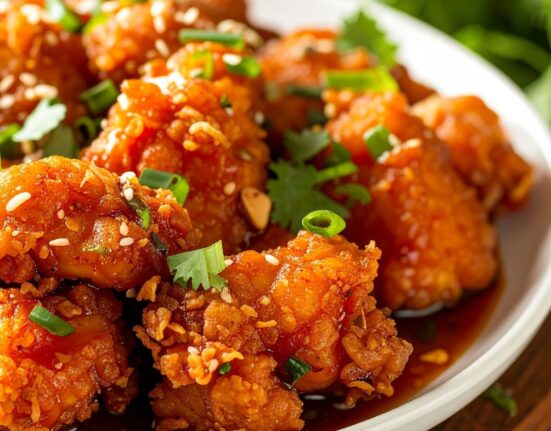 Keto Orange Chicken on a white plate with garnish