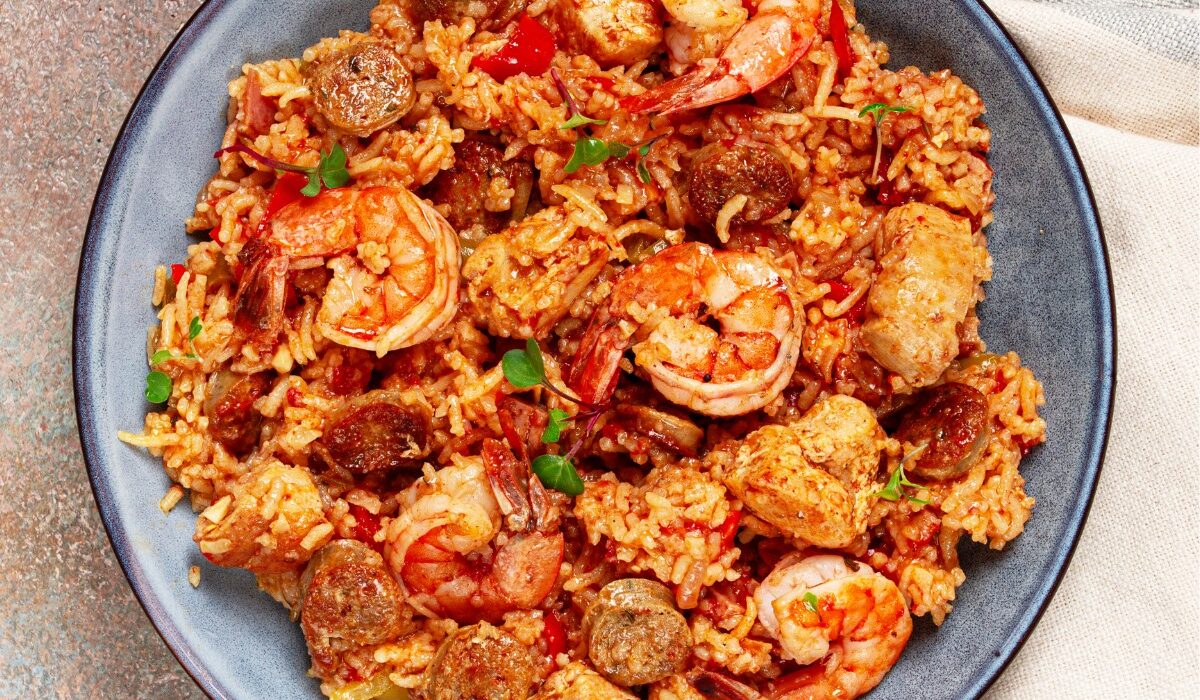 Overhead image of Paella on a plate